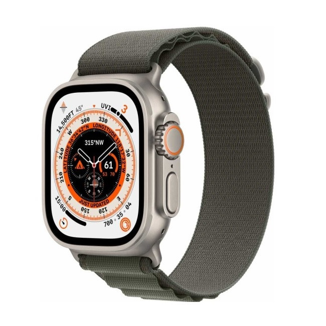 Умные часы Apple Watch Ultra LTE 49 мм (титановый корпус, титановый/темно-зеленый, текстильный ремешок) (MQEW3) - фото