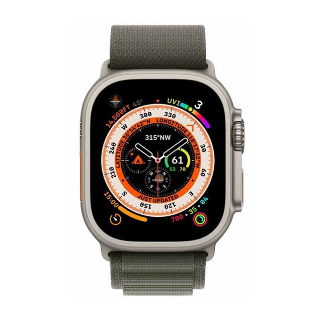 Умные часы Apple Watch Ultra LTE 49 мм (титановый корпус, титановый/темно-зеленый, текстильный ремешок) (MQEW3) - фото2