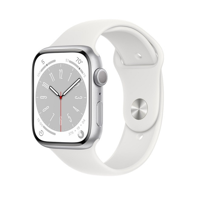 Умные часы Apple Watch Series 8 45 мм (алюминиевый корпус, серебристый/белый, спортивный силиконовый ремешок) - фото