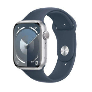 Умные часы Apple Watch Series 9 45 мм (алюминиевый корпус, серебристый/синий, спортивный силиконовый ремешок) - фото