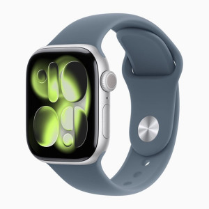 Умные часы Apple Watch Series 11 42 мм (алюминиевый корпус, серебристый/синий, спортивный силиконовый ремешок) - фото
